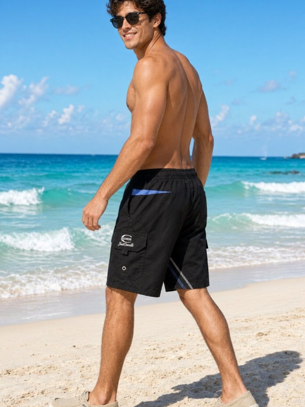 New Just Cavalli Men Black Swim Board Shorts Trunks Side Pocket Beach Volleyball